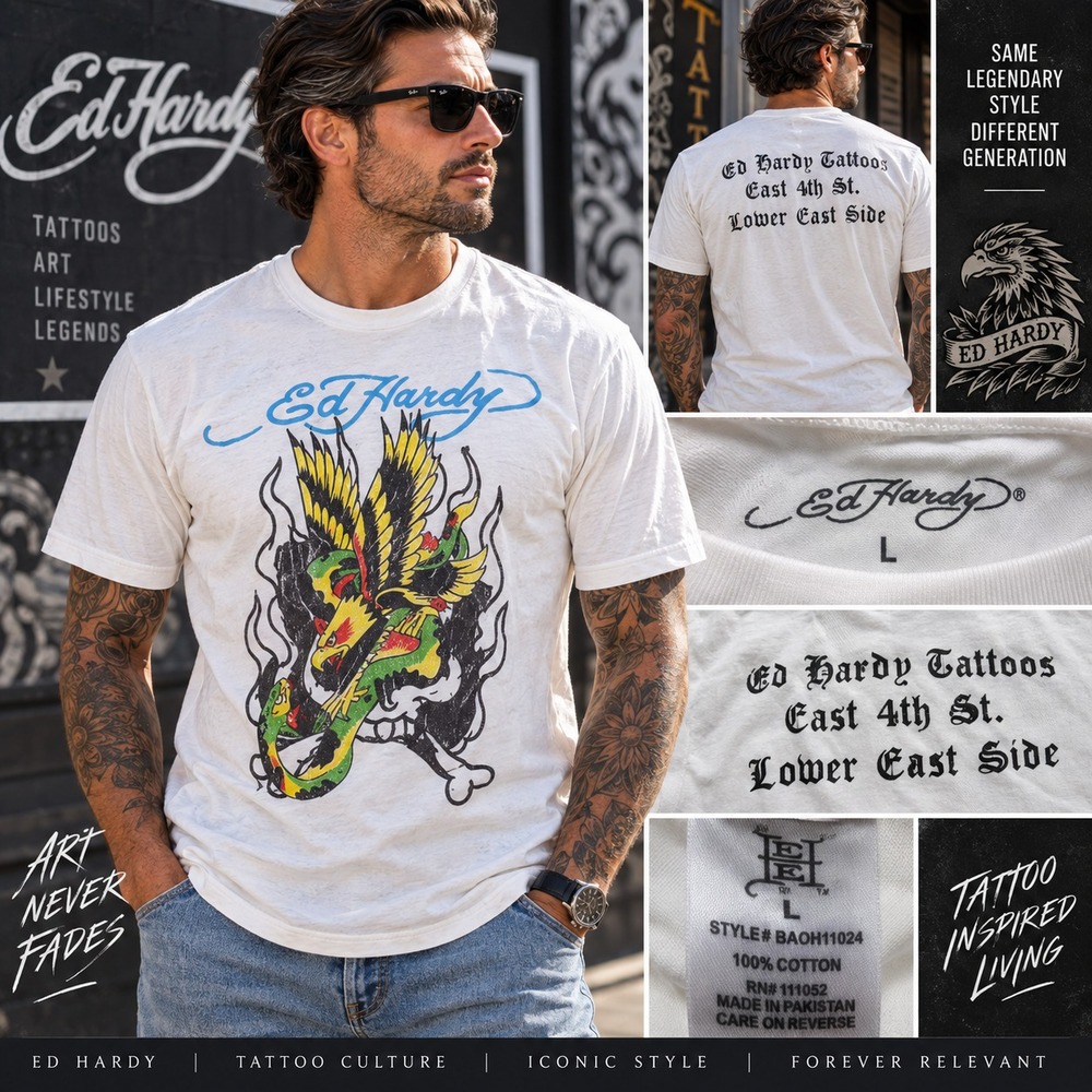 Ed Hardy Men L White Eagle Snake Skull Graphic Tee Y2K Tattoo Lower East Side NY